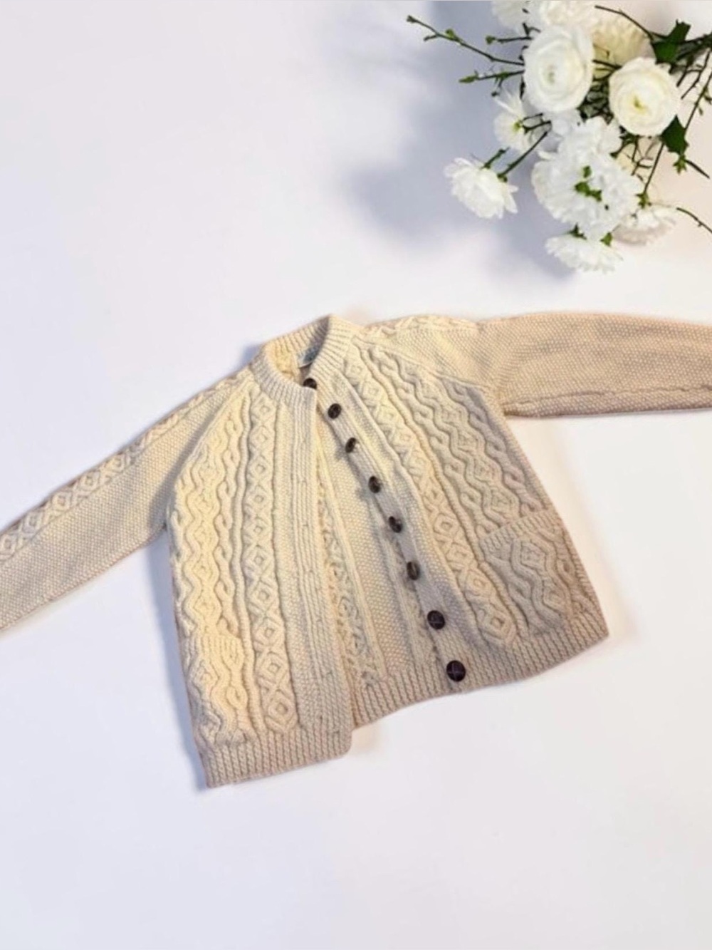 Vintage Blarney HAND KNIT Cardigan Sweater Ivory 100% Wool Aran Women’s Small